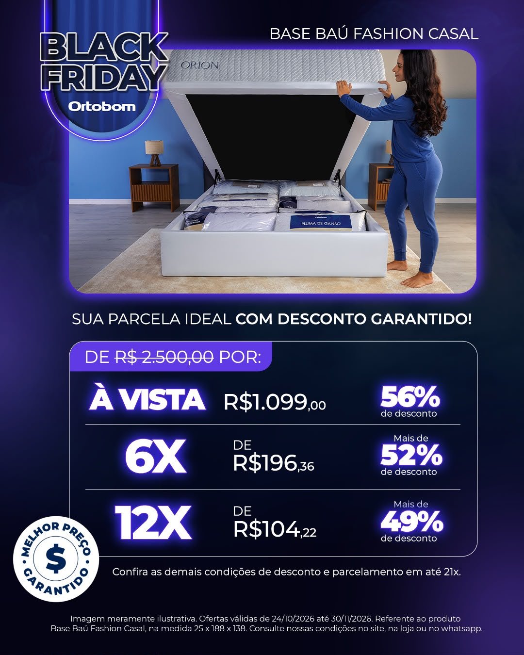 Arte Black Friday Ortobom — Base Baú Fashion Casal, com preços à vista, em 6x e 12x e validade de 24/10/2026 até 30/11/2026.